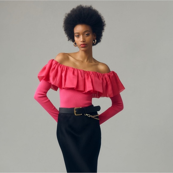 By Anthropologie Off-The-Shoulder Organza Ruffle Top Small Pink - Picture 3 of 9